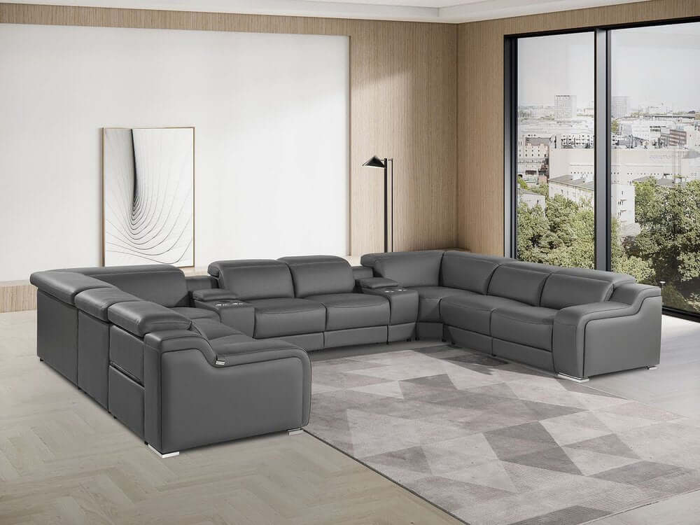 Dark Gray Italian Leather Power Reclining U Shaped Ten Piece Corner Sectional With Console in modern living room setting