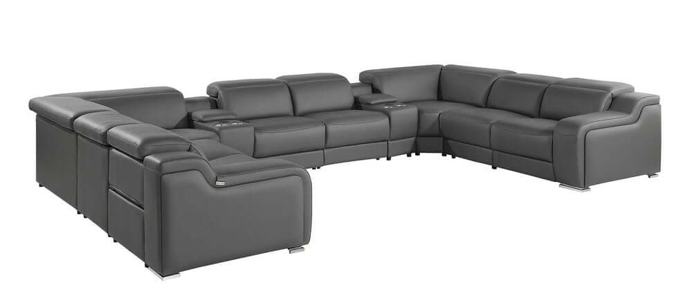 Dark Gray Italian Leather Power Reclining U Shaped Ten Piece Corner Sectional With Console in modern living room setting.