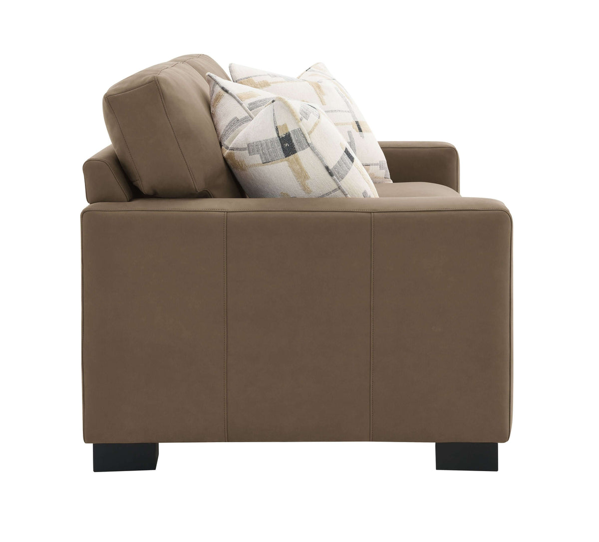 Darya Brown Suede Fabric Loveseat Sofa w/3 Pillows 69" side view with decorative pillows.