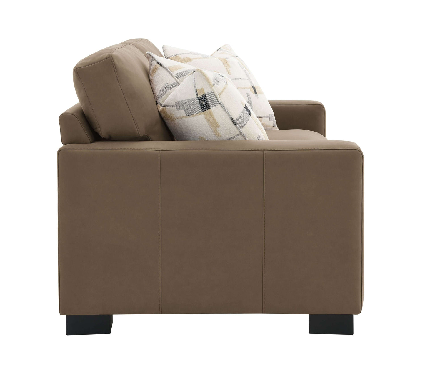 Darya Brown Suede Fabric Loveseat Sofa w/3 Pillows 69" side view with decorative pillows.