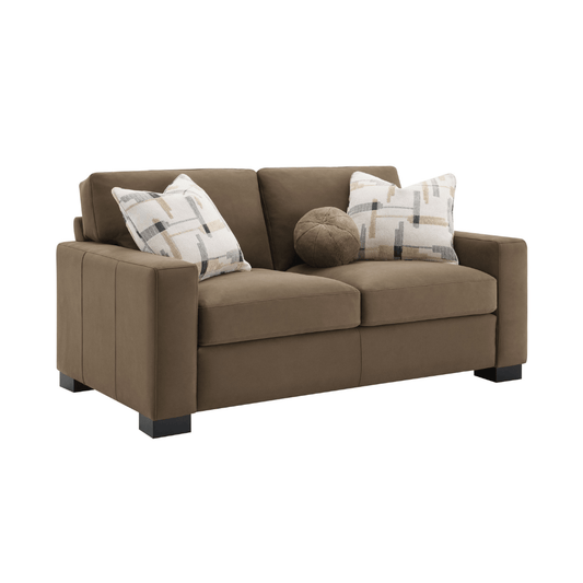 Darya Brown Suede Fabric Loveseat Sofa w/3 Pillows 69" in a cozy living room setting.