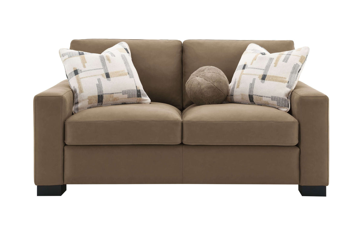 Darya Brown Suede Fabric Loveseat Sofa w/3 Pillows 69" featuring plush cushions and stylish decorative pillows.