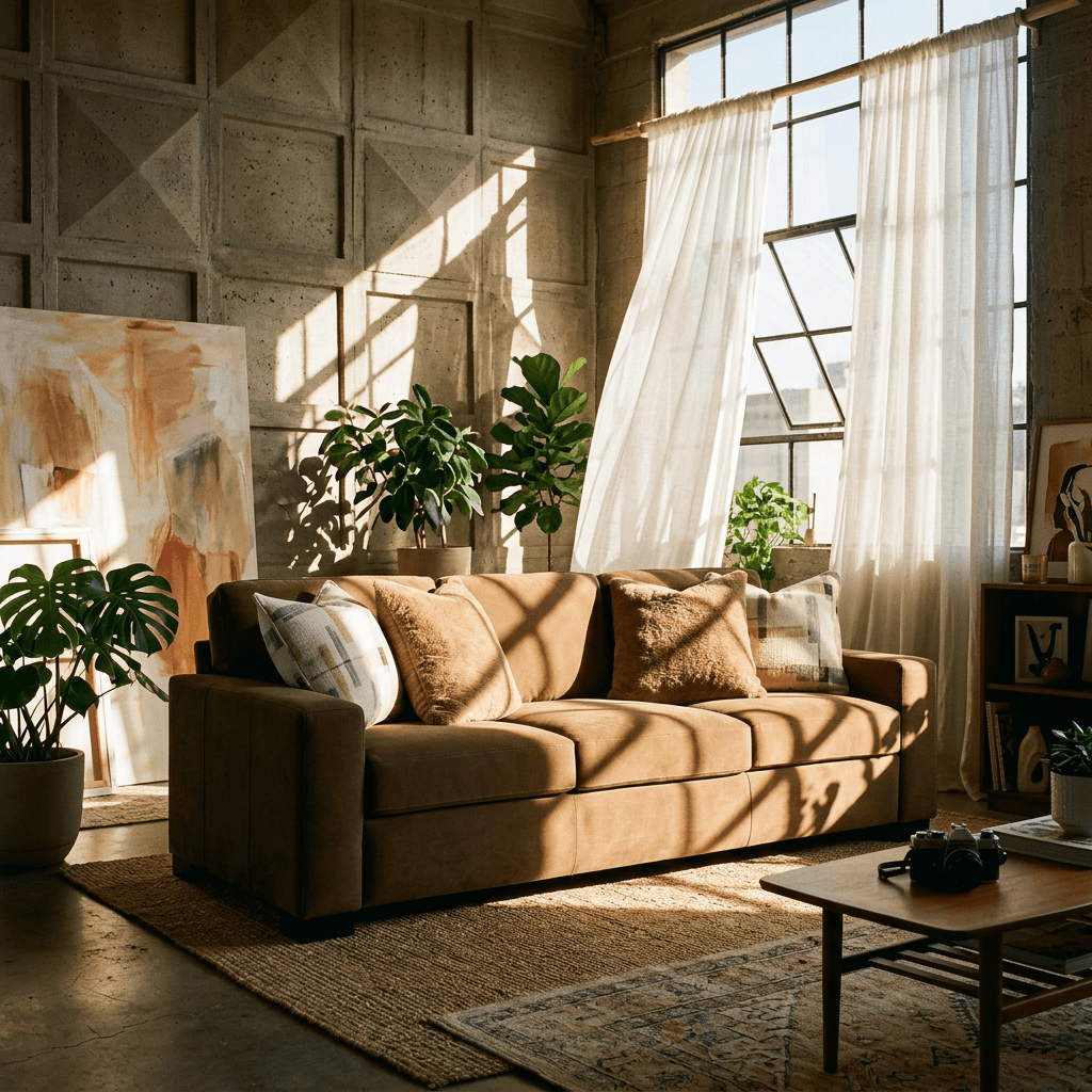 Darya Brown Suede Fabric Sofa w/4 Pillows 89" in a stylish living room setting with natural sunlight.