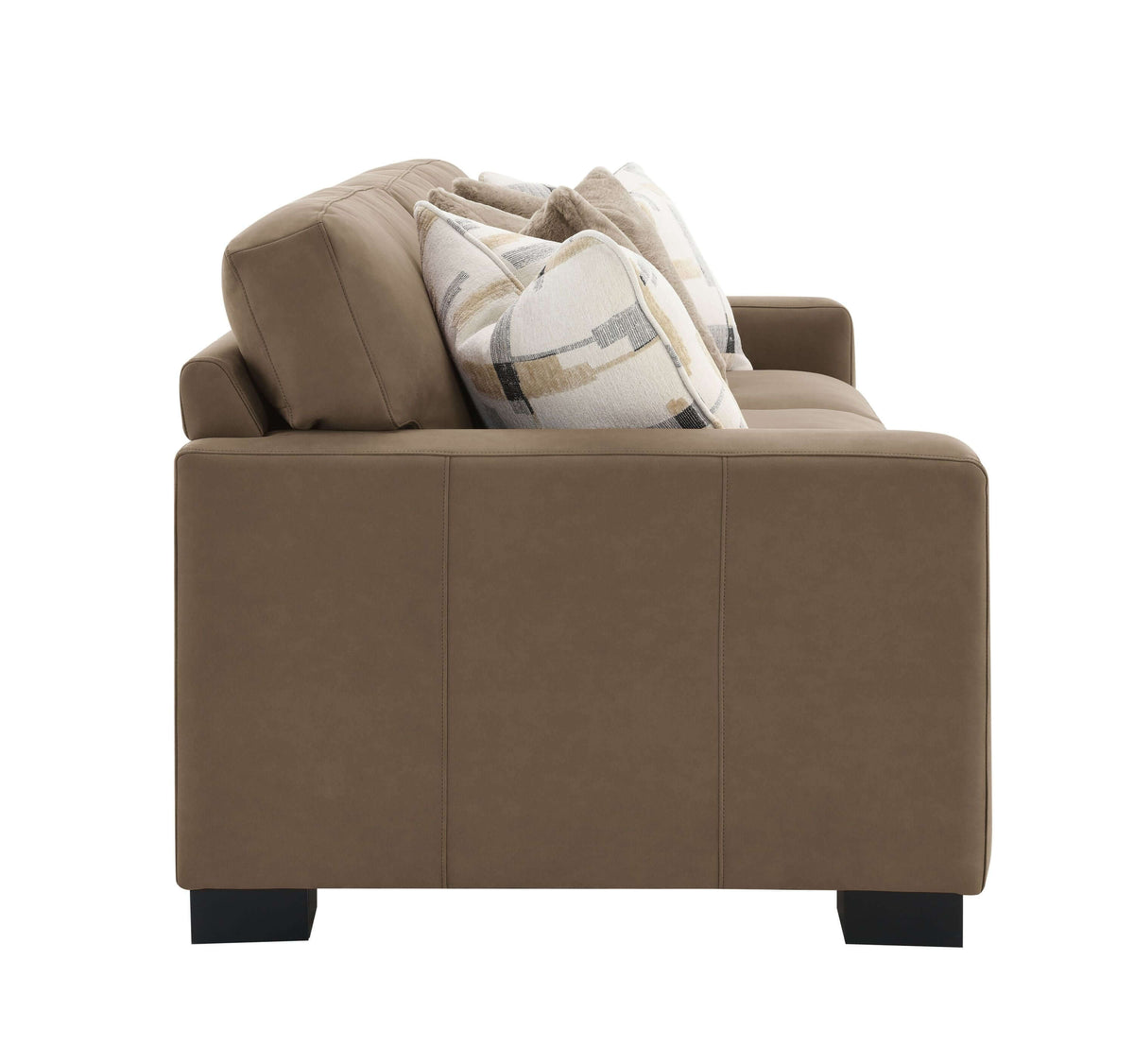 Darya Brown Suede Fabric Sofa w/4 Pillows 89" side view showcasing plush cushions and stylish design.