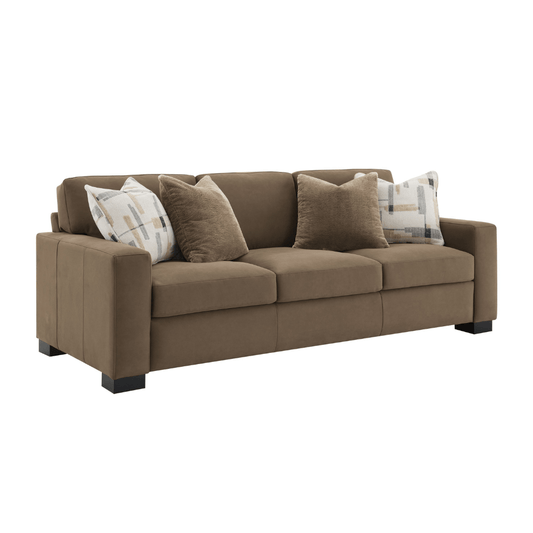 Darya Brown Suede Fabric Sofa w/4 Pillows 89"W featuring rich brown suede and elegant accent pillows.