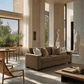 Darya Brown Suede Fabric Sofa w/4 Pillows 89"W in a modern living room setting with natural light.