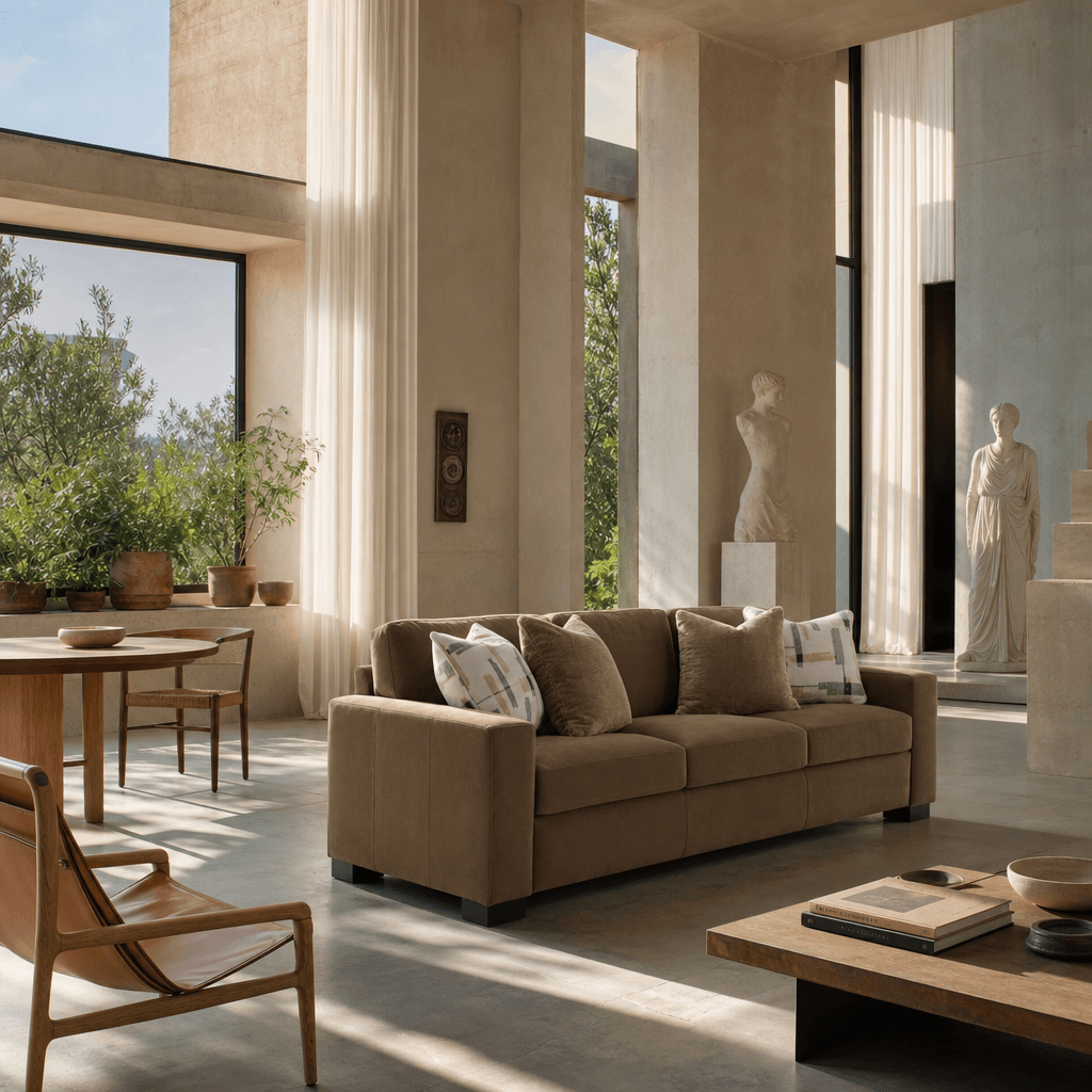 Darya Brown Suede Fabric Sofa w/4 Pillows 89"W in a modern living room setting with natural light.