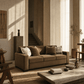 Darya Brown Suede Fabric Sofa w/4 Pillows 89"W in a stylish living room setting with warm tones.