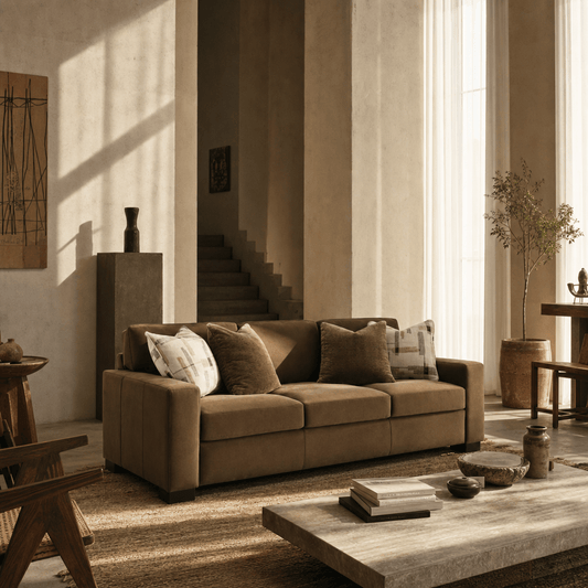 Darya Brown Suede Fabric Sofa w/4 Pillows 89"W in a stylish living room setting with warm tones.