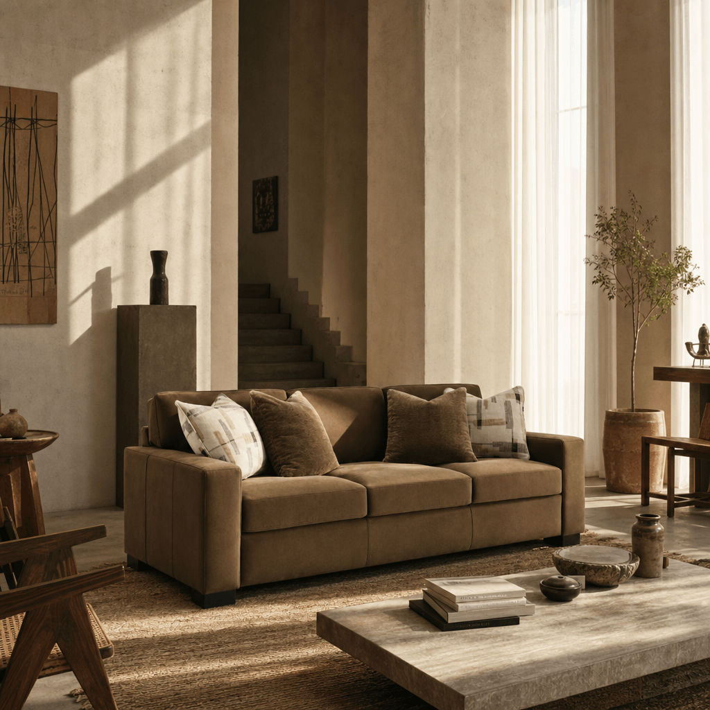 Darya Brown Suede Fabric Sofa w/4 Pillows 89"W in a stylish living room setting with warm tones.