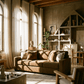 Darya Brown Suede Fabric Sofa w/4 Pillows 89"W in a stylish living room setting with natural light.