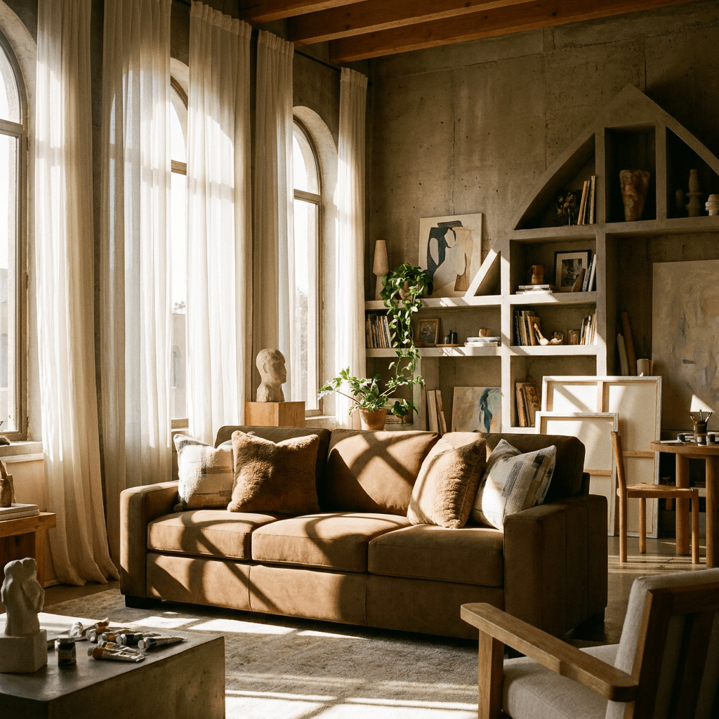 Darya Brown Suede Fabric Sofa w/4 Pillows 89"W in a stylish living room setting with natural light.