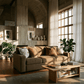 Darya Brown Suede Fabric Sofa w/4 Pillows 89"W in a stylish living room with large windows and greenery.
