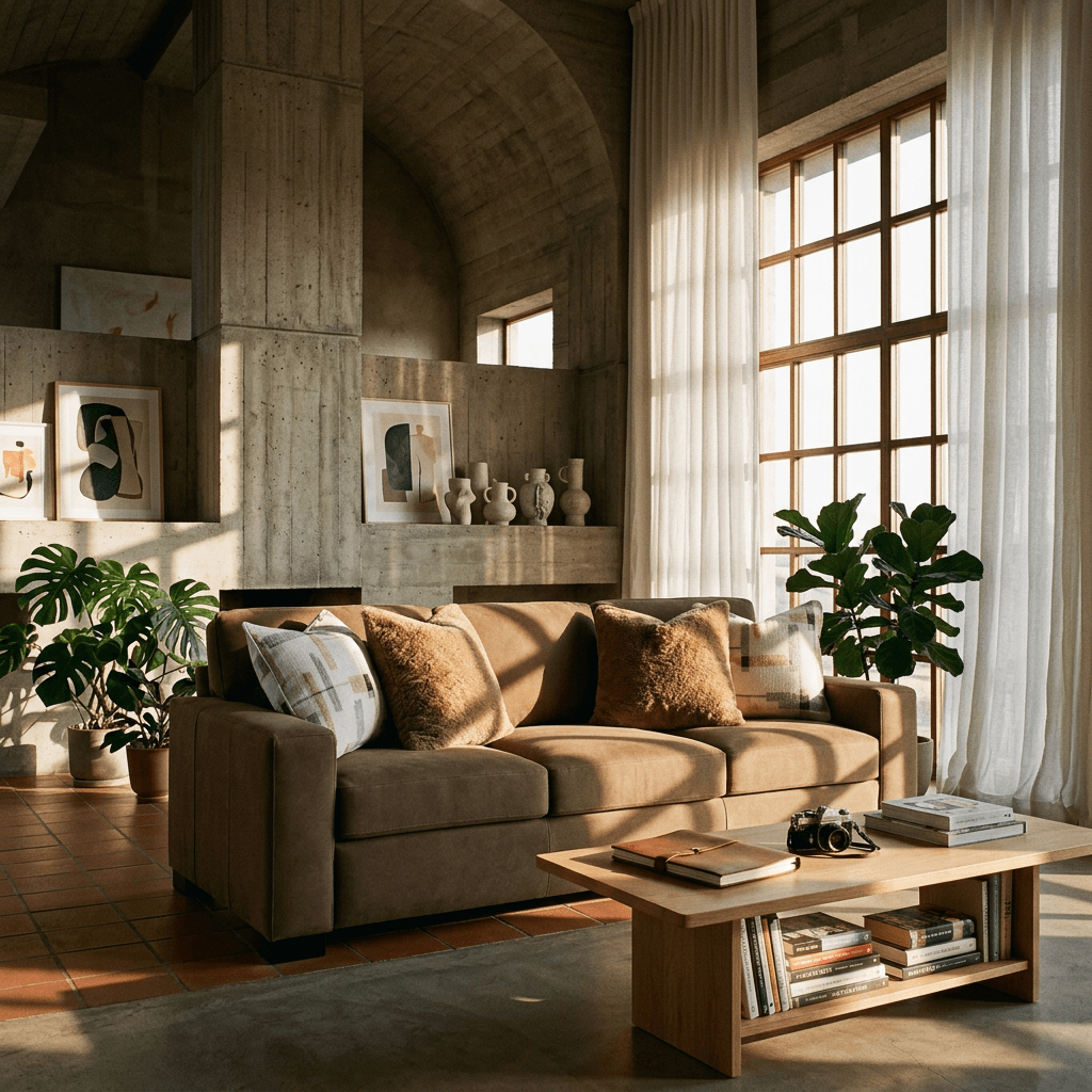 Darya Brown Suede Fabric Sofa w/4 Pillows 89"W in a stylish living room with large windows and greenery.