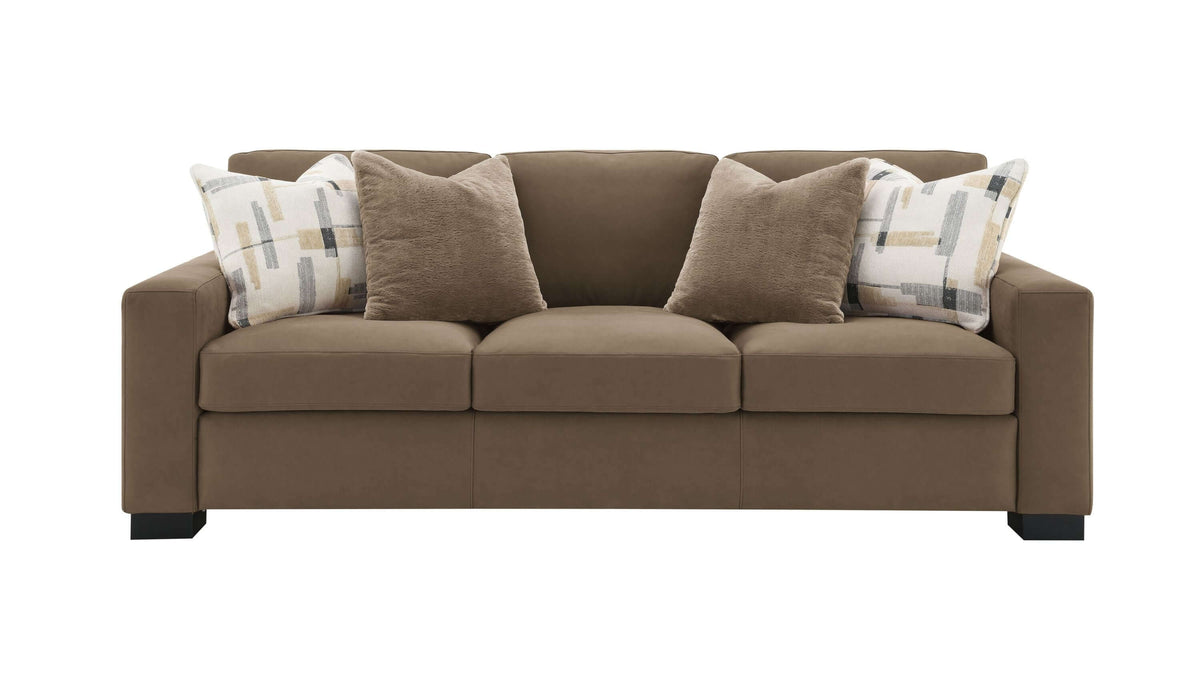 Darya Brown Suede Fabric Sofa w/4 Pillows 89"W in rich brown suede with decorative accent pillows.