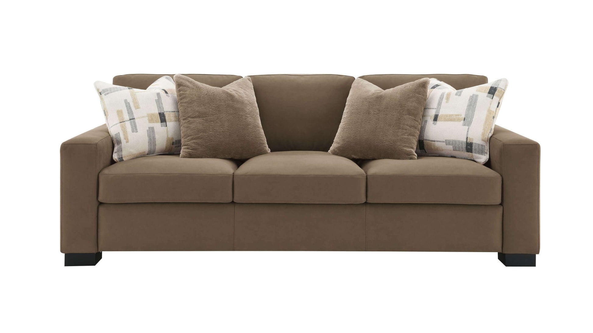Darya Brown Suede Fabric Sofa w/4 Pillows 89"W in rich brown suede with decorative accent pillows.