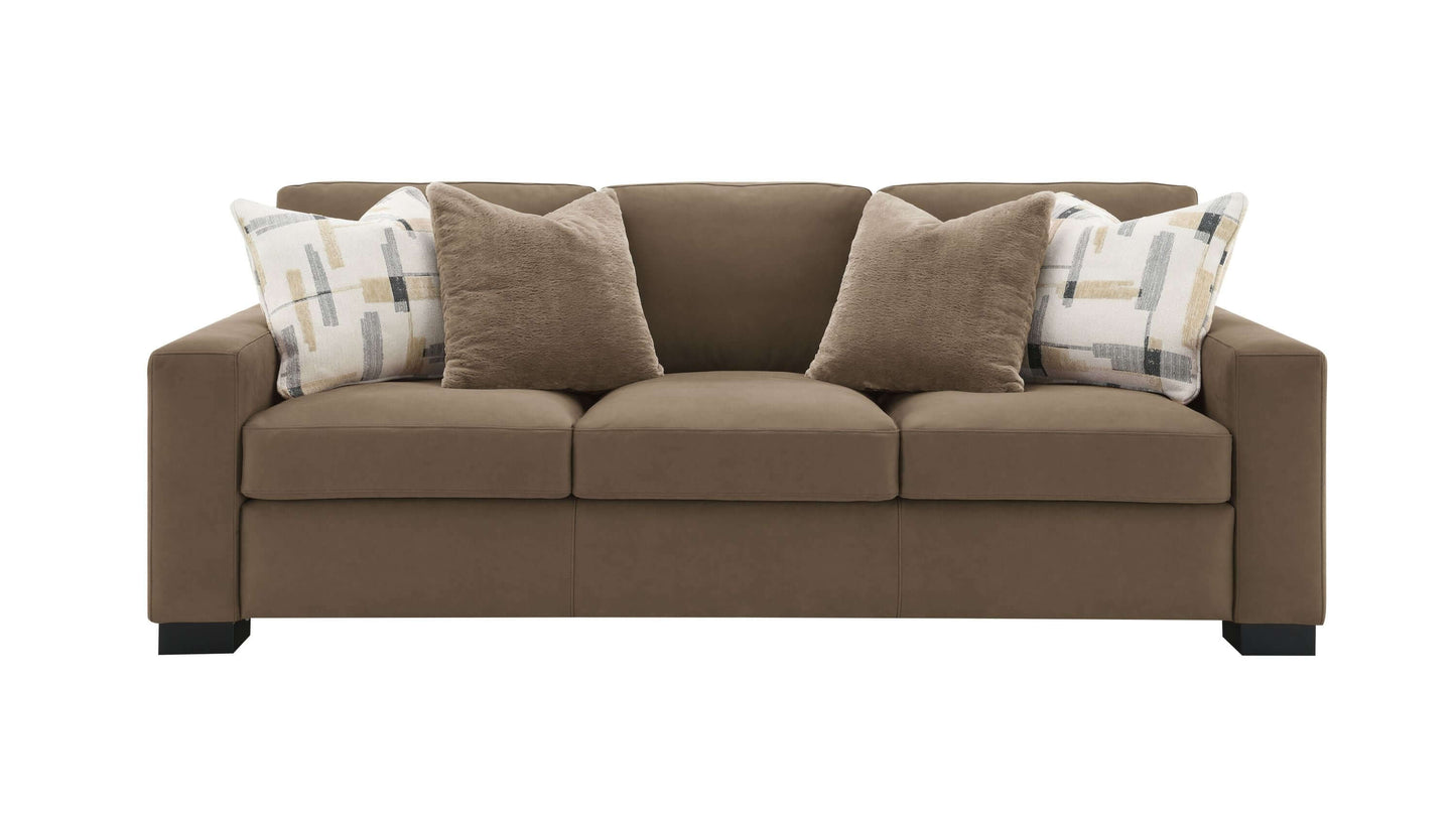Darya Brown Suede Fabric Sofa w/4 Pillows 89"W in rich brown suede with decorative accent pillows.