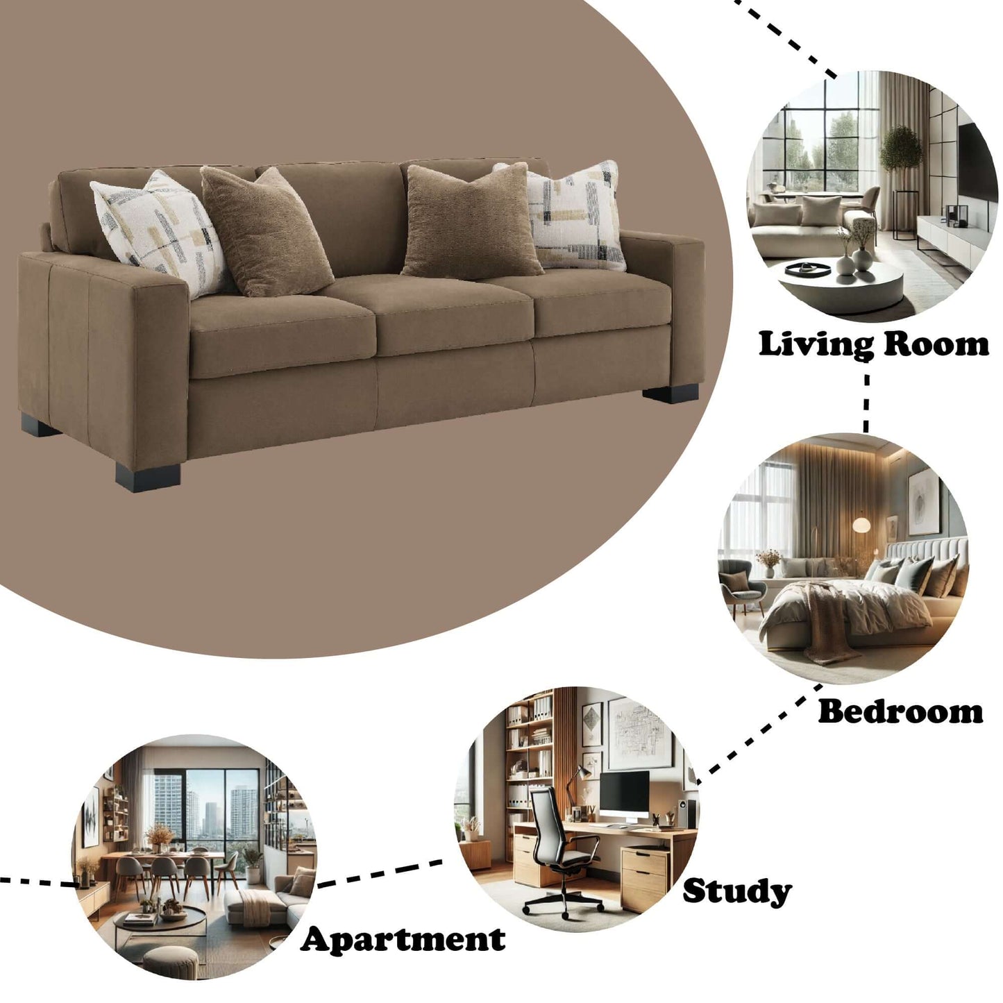Darya Brown Suede Fabric Sofa w/4 Pillows 89"W in living room, bedroom, apartment, study settings.