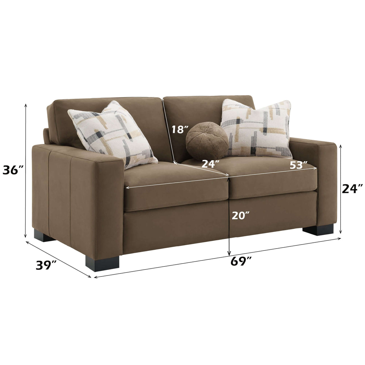 Darya Brown Suede Fabric Loveseat Sofa w/3 Pillows 69" with dimensions and design features.