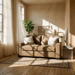 Darya Brown Suede Fabric Loveseat Sofa w/3 Pillows 69" in a stylish lived-in room with natural light.