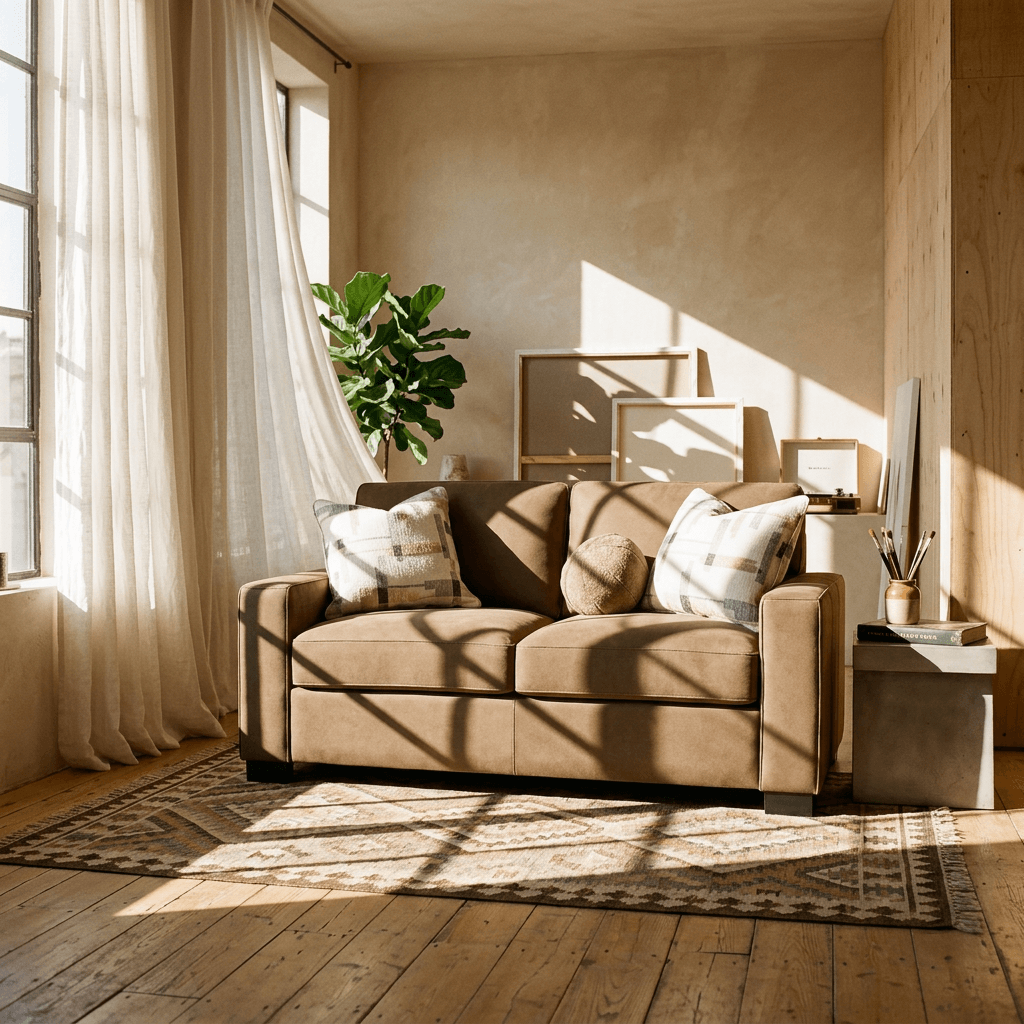 Darya Brown Suede Fabric Loveseat Sofa w/3 Pillows 69" in a stylish lived-in room with natural light.