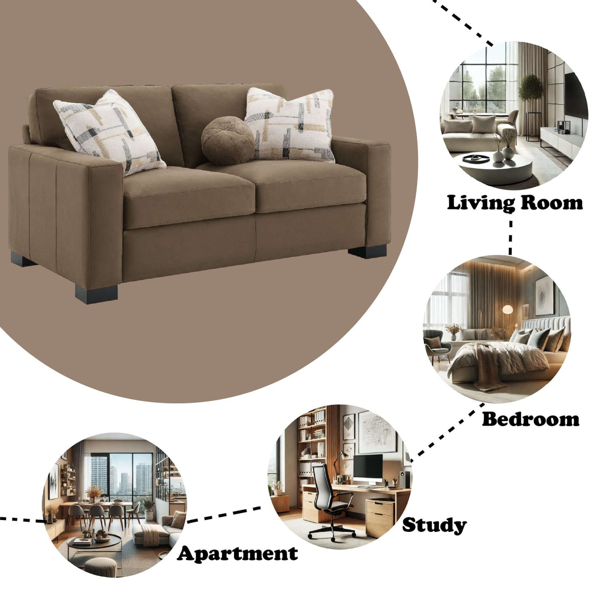 Darya Brown Suede Fabric Loveseat Sofa w/3 Pillows 69" in a stylish living room setting with surrounding areas labeled