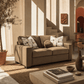 Darya Brown Suede Fabric Loveseat Sofa w/3 Pillows 69" in a stylish living room setting.