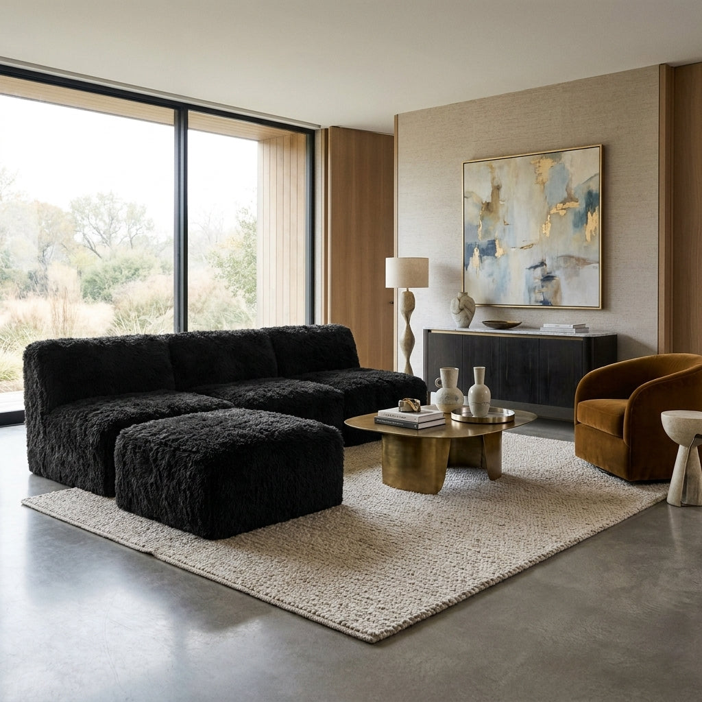 Dashiell Faux Fur Modular Sectional – Black Armless Chair & Ottoman Set – view 2