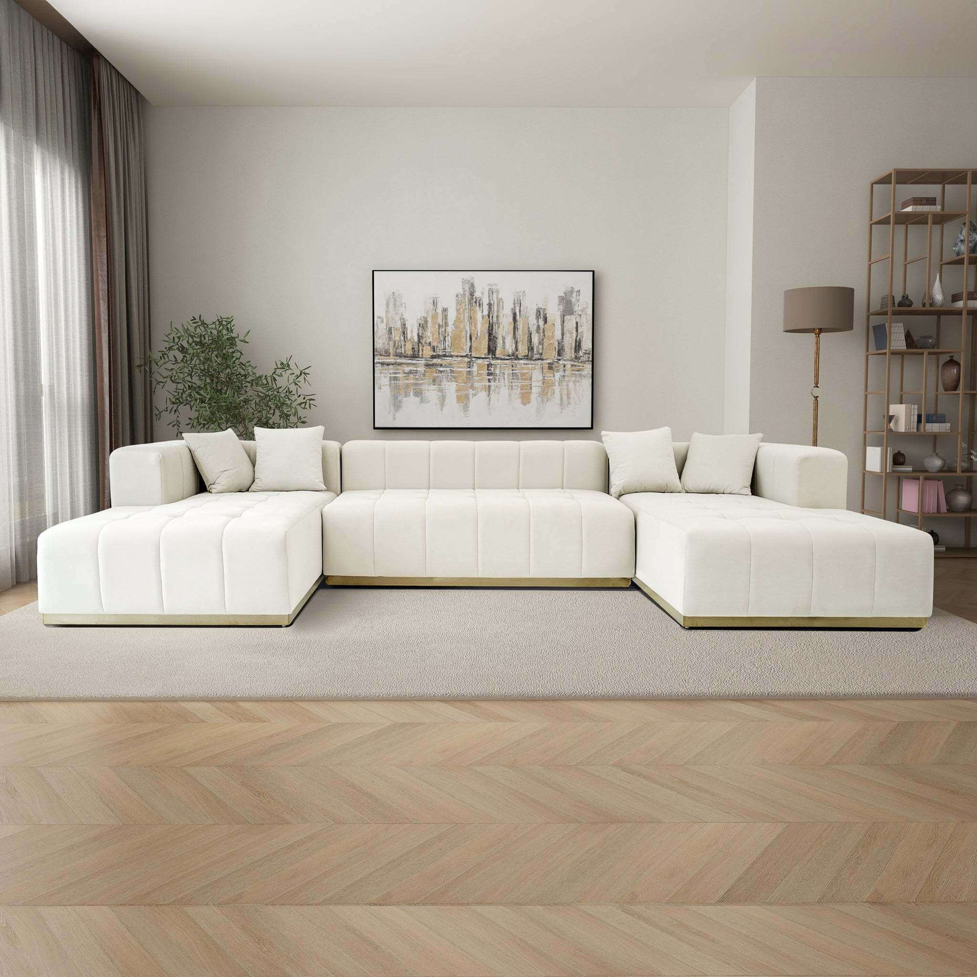 Nolan Tufted Velvet U-Shape Dual Chaise Sofa Sectional in white, featuring deep tufted cushions and luxurious velvet.