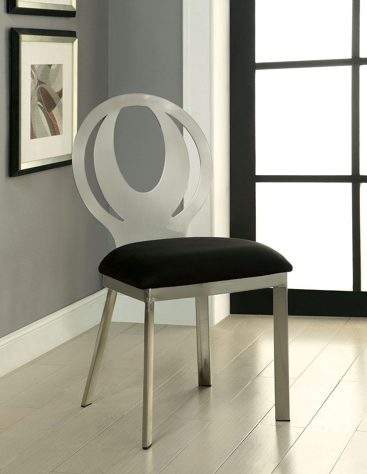 Sabine Dining Chairs – Set of 2, Silver Metal & Black Microfiber