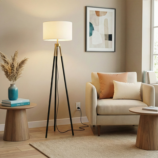 Sway Brassed Gold Tripod Floor Lamp – 60" White Drum Shade On/Off Switch Lamp