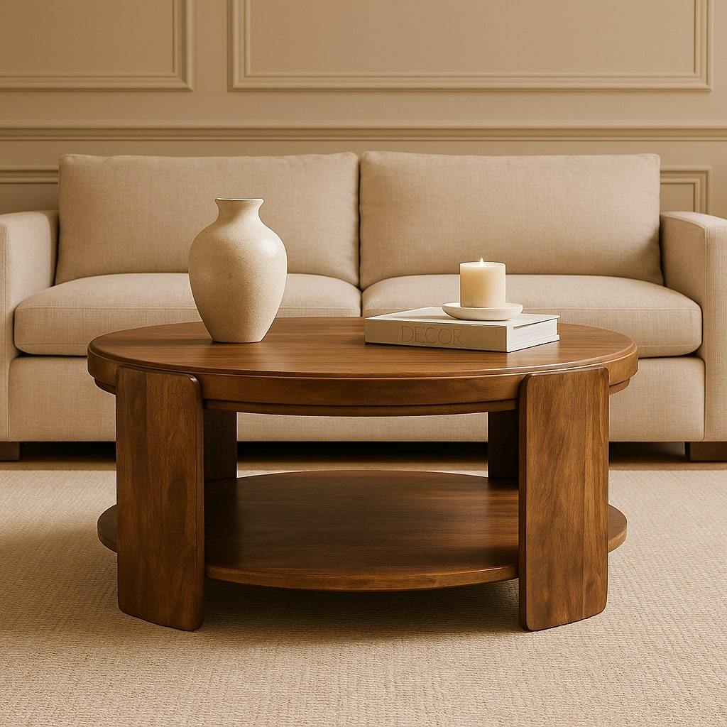 Savoy Mango Wood Round Coffee Table – 33.46" Roasted Almond Open Storage Table