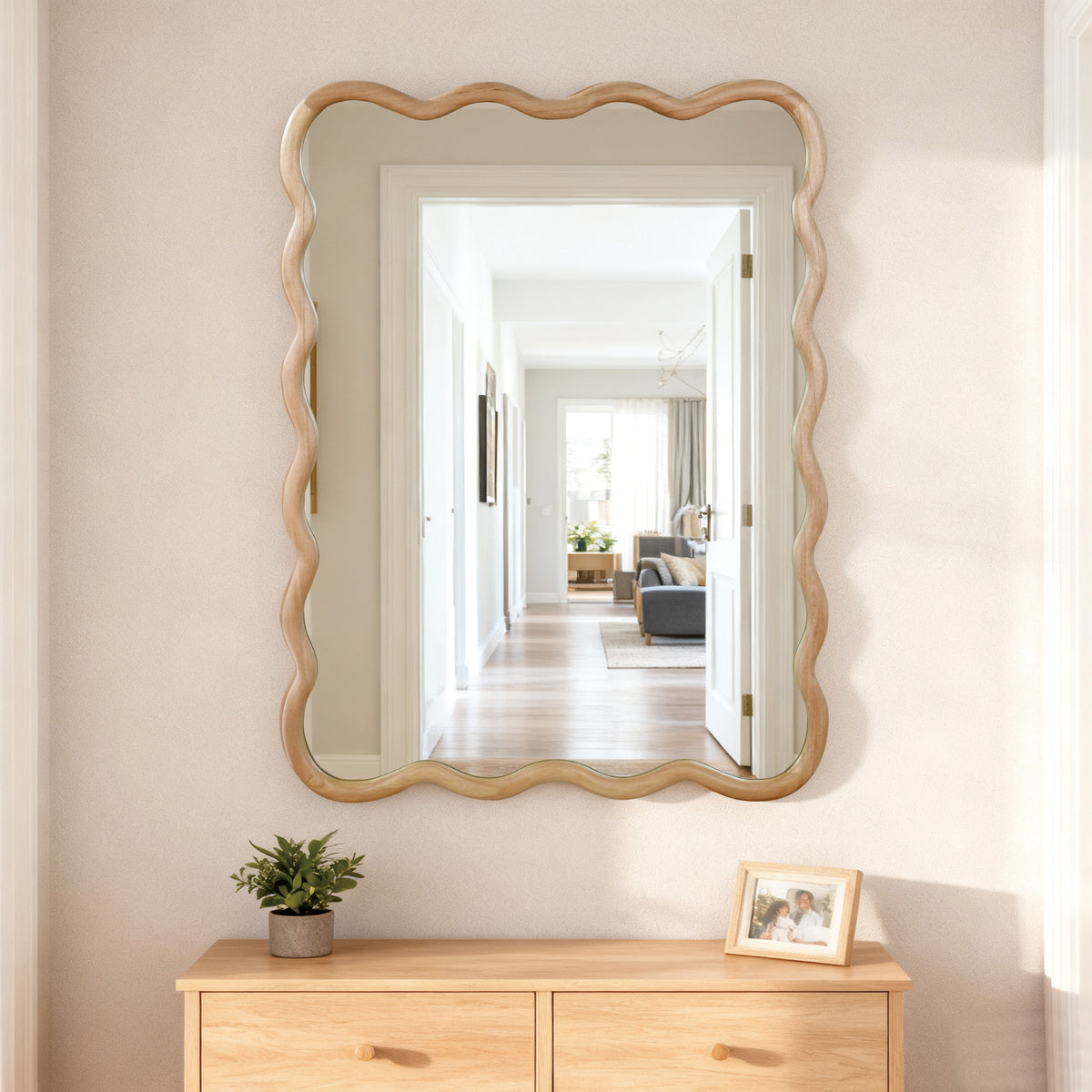 Natural Wood 30"x40" Wavy Rectangle Solid Wood Frame Decorative Mirror