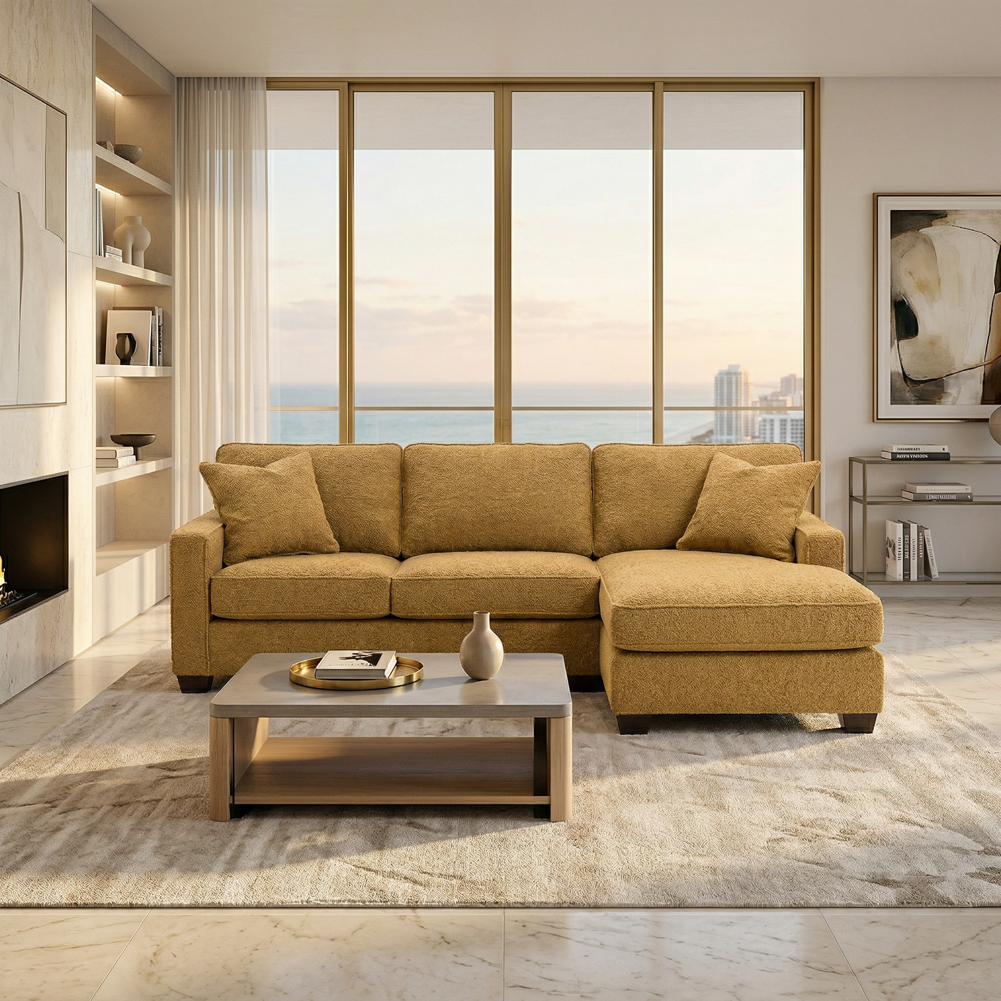 Clifford L-Shaped Sectional Sofa – Made in USA, 9 Fabric Options - Hepburn Chai Tea Yellow Fabric (9)