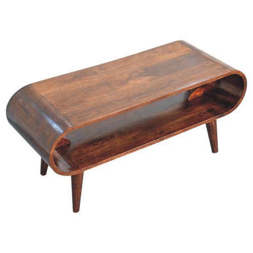 The Artisan Furniture Amaya Mango Wood Coffee Table 35 (2 Colors) features a mid-century modern style with rounded edges, four tapered legs, an open shelf, and a smooth finish inspired by Nordic design.