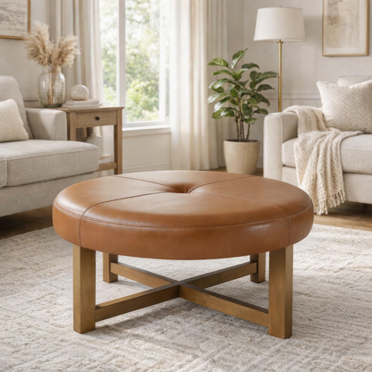 Varden Light Brown PU Ottoman – 35.04" Round Ottoman