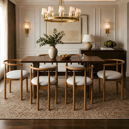 Huxley Walnut & Beige 7-Piece Dining Set – 71" Table with 6 Round-Cushion Chairs