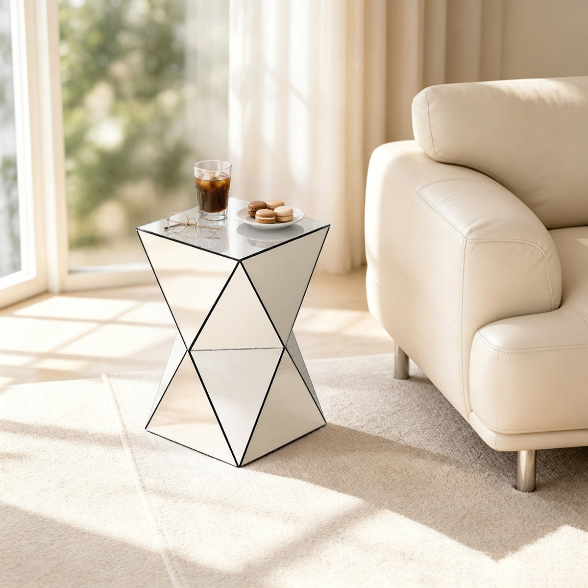 Silver Mirrored Geometric Side Table, Modern Luxe Accent End Table, Reflective Mirror Decorative Nightstand Sofa Side