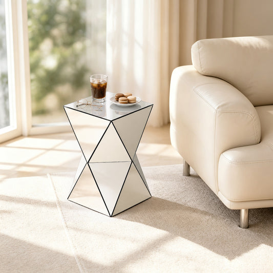 Silver Mirrored Geometric Side Table, Modern Luxe Accent End Table, Reflective Mirror Decorative Nightstand Sofa Side