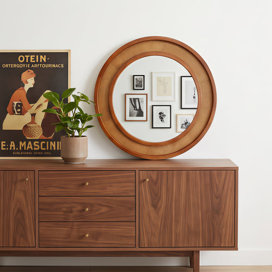 Black Walnut Color 24 Inch Rattan Round Solid Wood Frame Decorative Wall Mirror