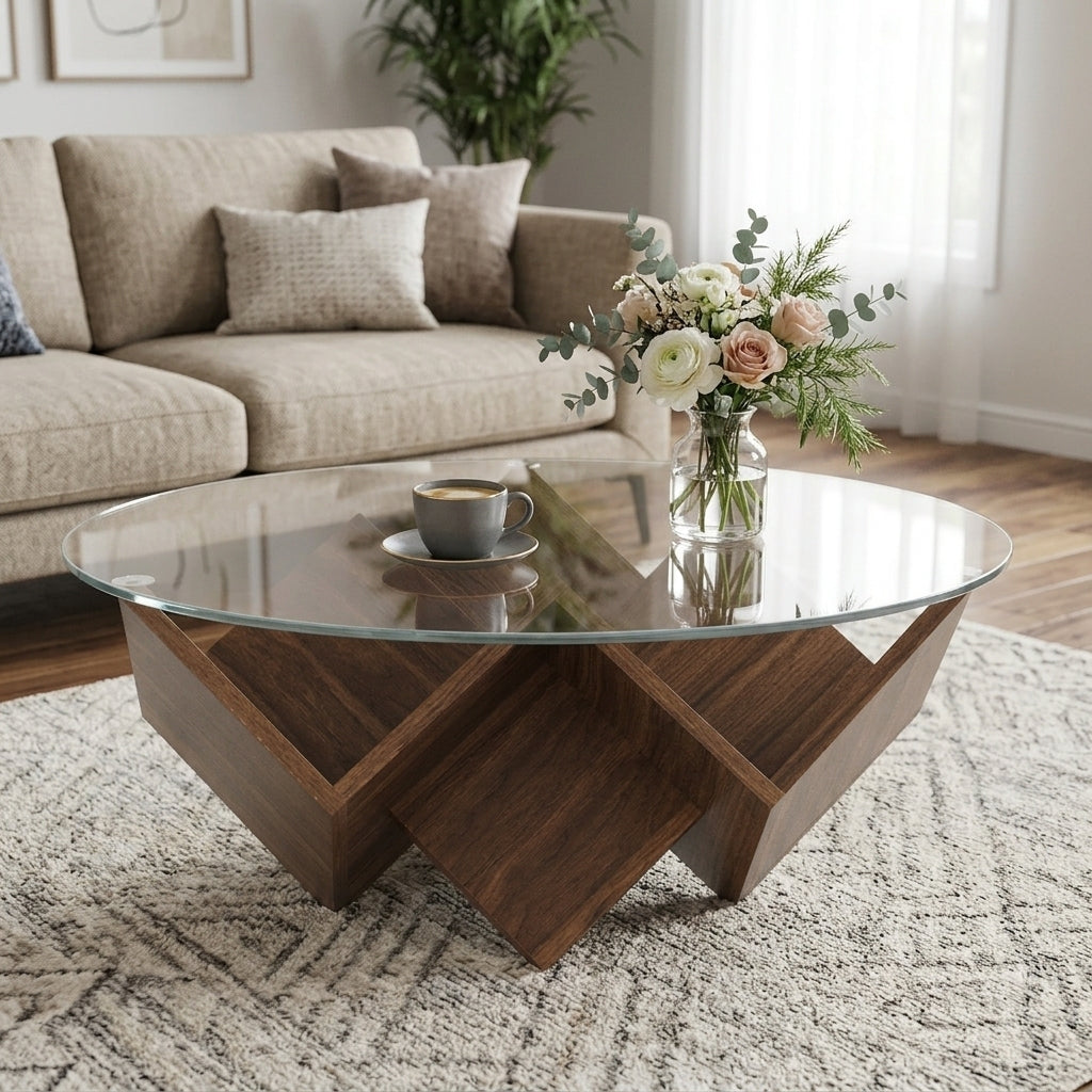 The Round Coffee Table with Glass Top and Geometric Abstract Art Deco Base Storage Shelves, , 35.4"