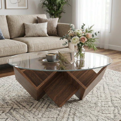 The Round Coffee Table with Glass Top and Geometric Abstract Art Deco Base Storage Shelves, , 35.4"