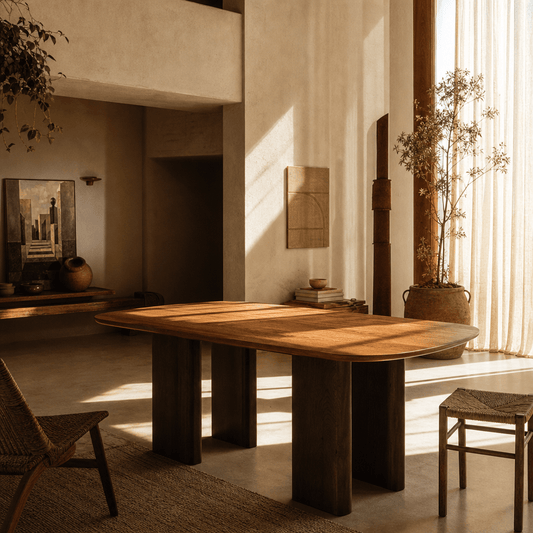 Delina Contemporary Dining Solid Rubber Wood Table 79" featuring a sleek design in a modern dining space with natural light.