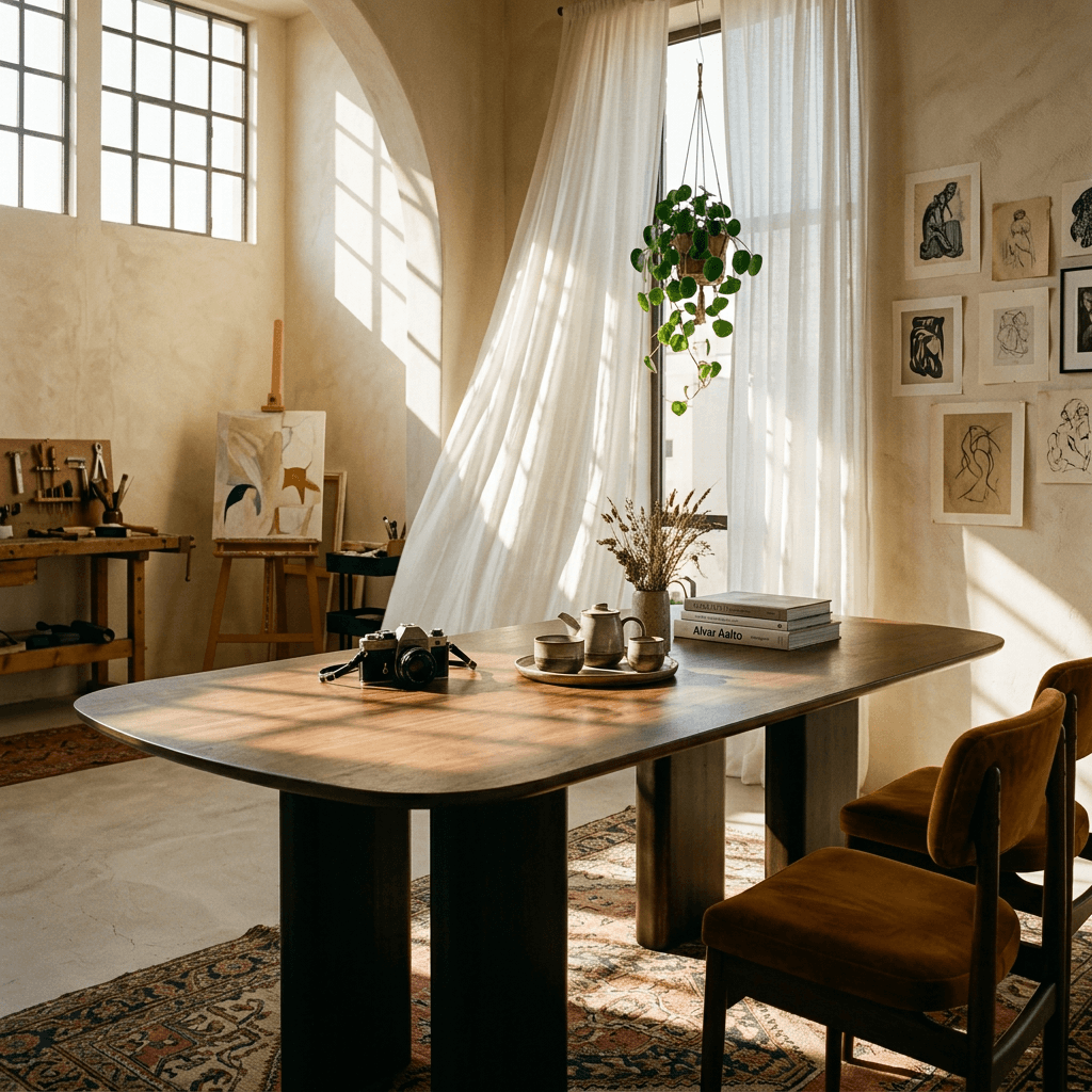 Delina Contemporary Dining Solid Rubber Wood Table 79" in a bright, stylish dining room with artistic decor.