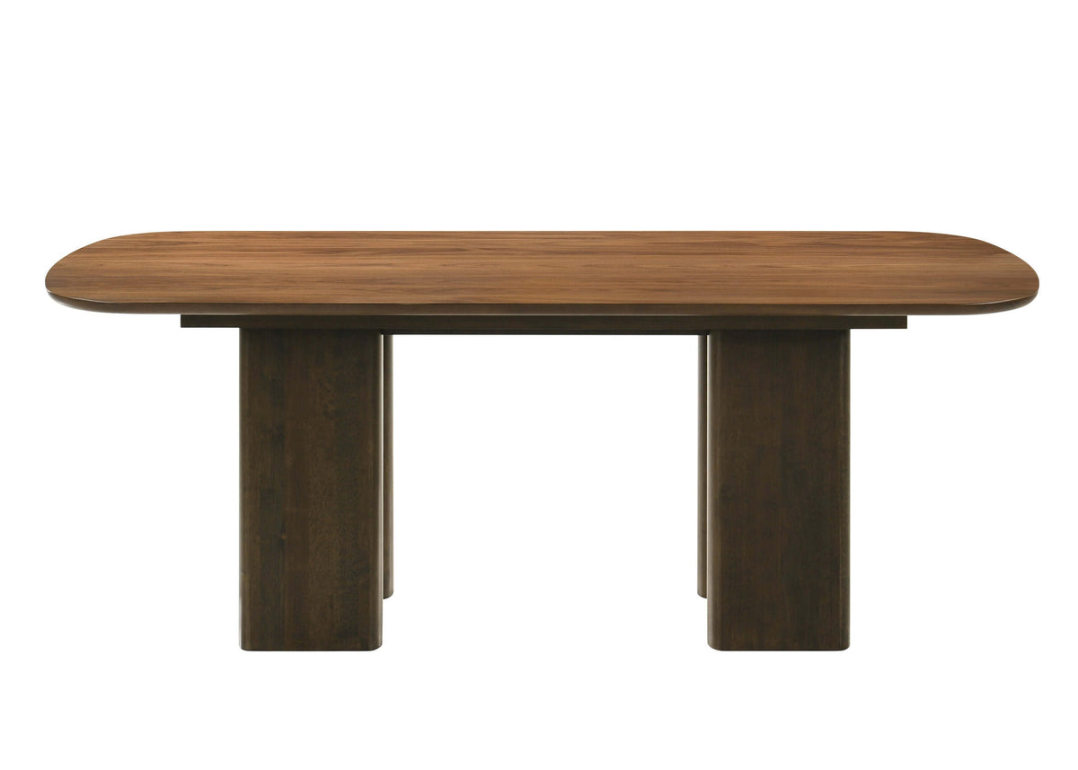 Delina Contemporary Dining Solid Rubber Wood Table 79" with a rich walnut finish and refined rectangular design.