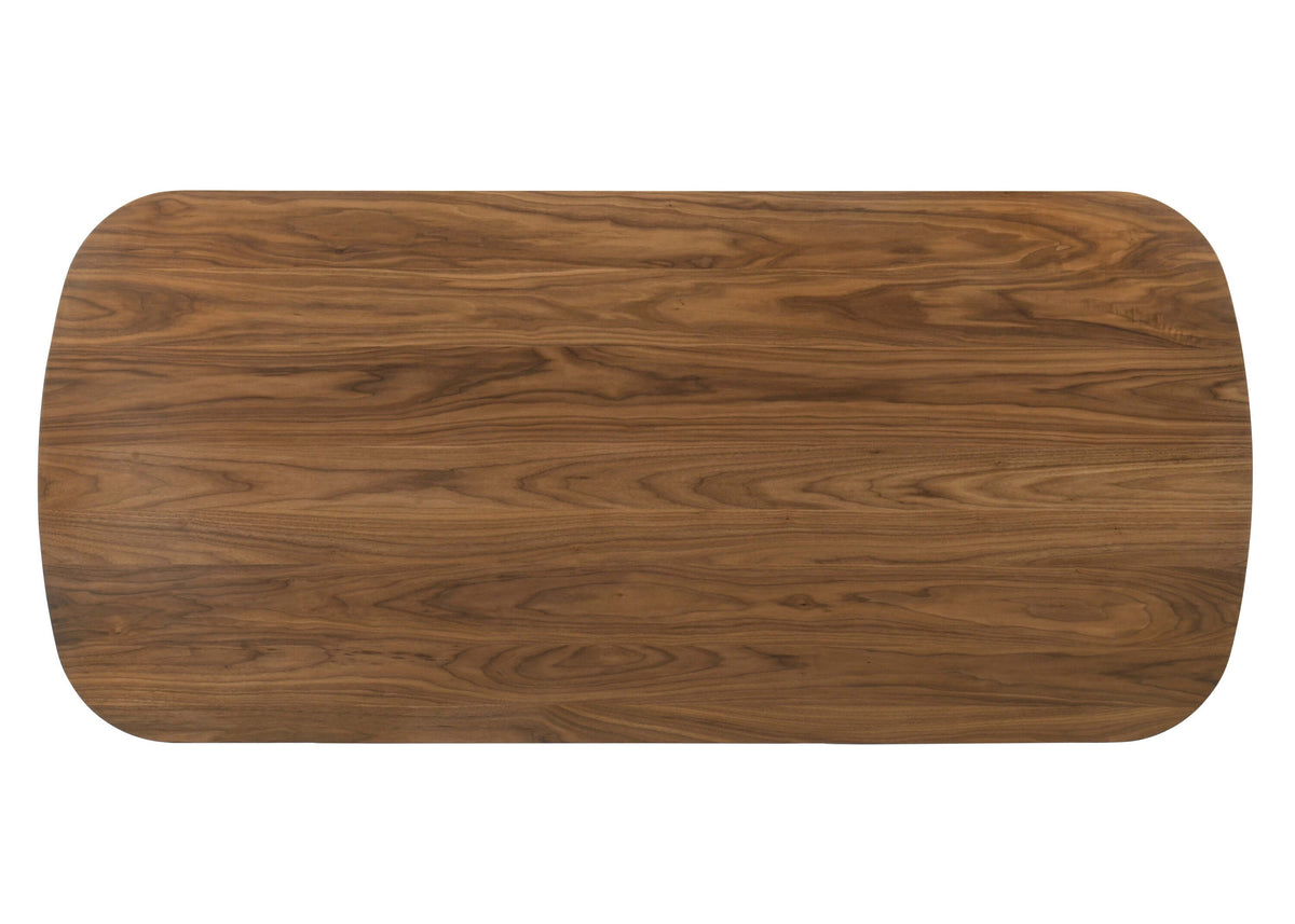 Delina Contemporary Dining Solid Rubber Wood Table 79" top view showcasing rich walnut finish and natural wood grain.
