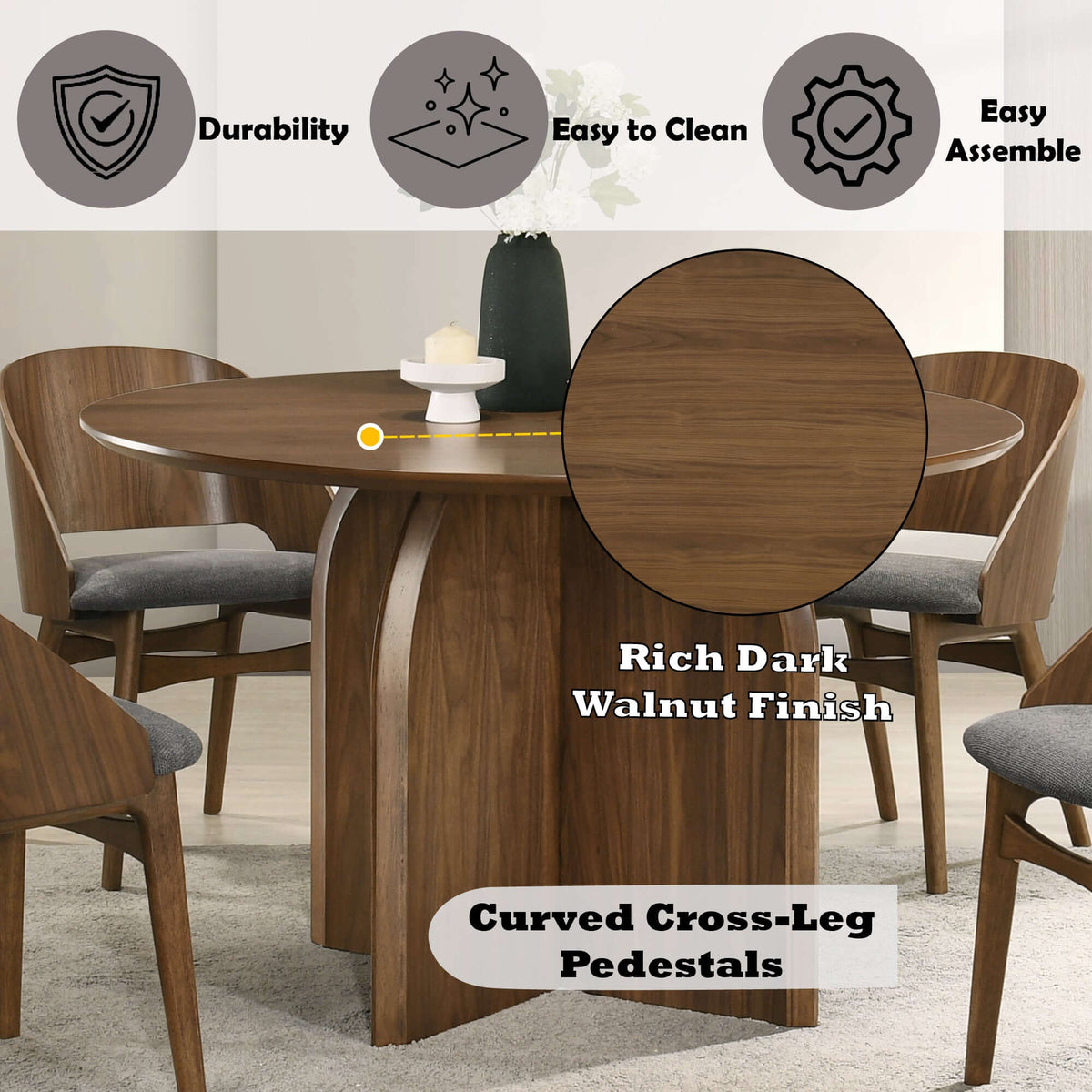 Delmon Dark Walnut Round Dining Table 47" showcasing rich dark walnut finish and curved cross-leg pedestals.