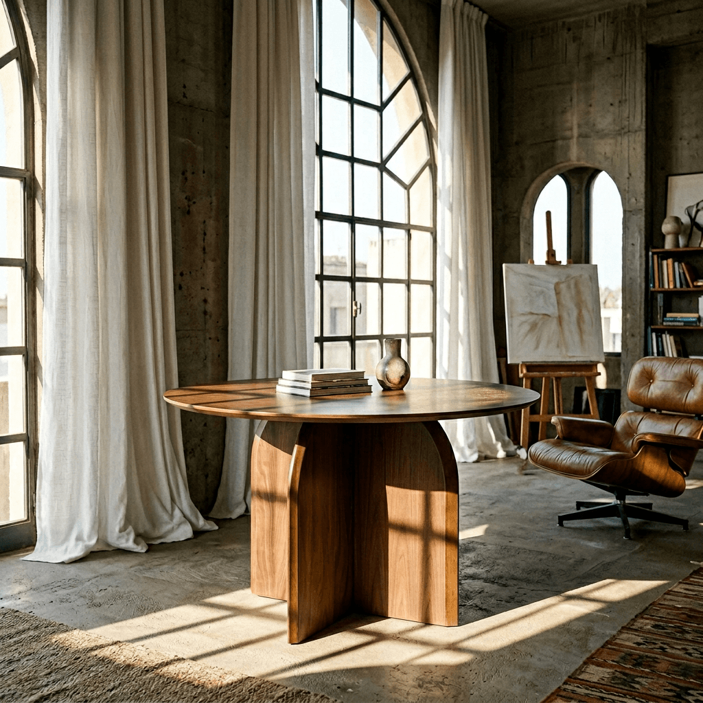 Delmon Dark Walnut Round Dining Table 47" in a modern dining space with natural light and elegant decor.