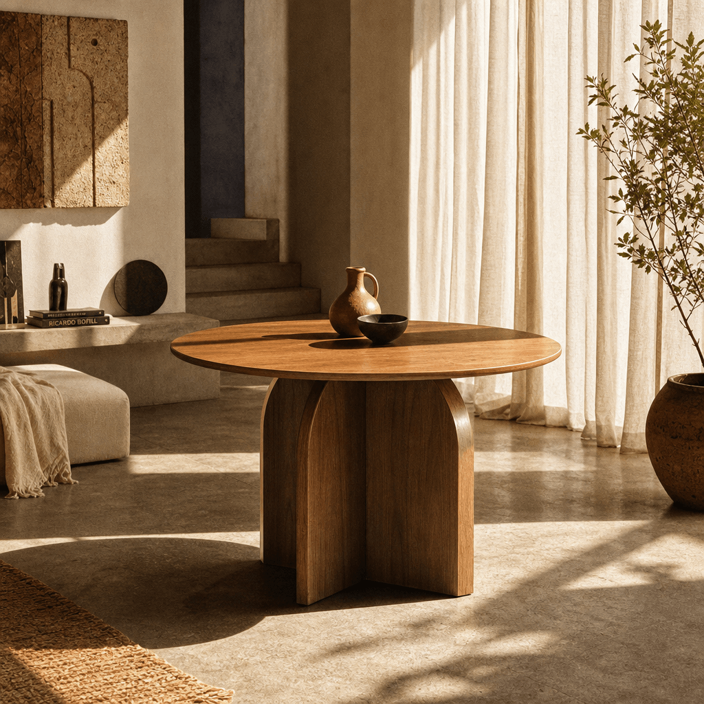 Delmon Dark Walnut Round Dining Table 47" in a warm, modern dining space with natural light and decorative elements.
