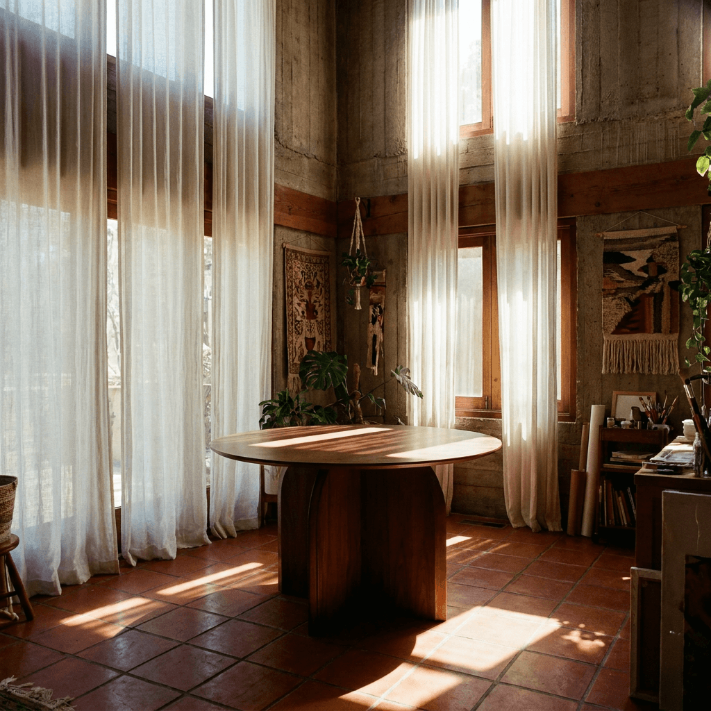 Delmon Dark Walnut Round Dining Table 47" in a sunlit room with sheer curtains and warm decor.
